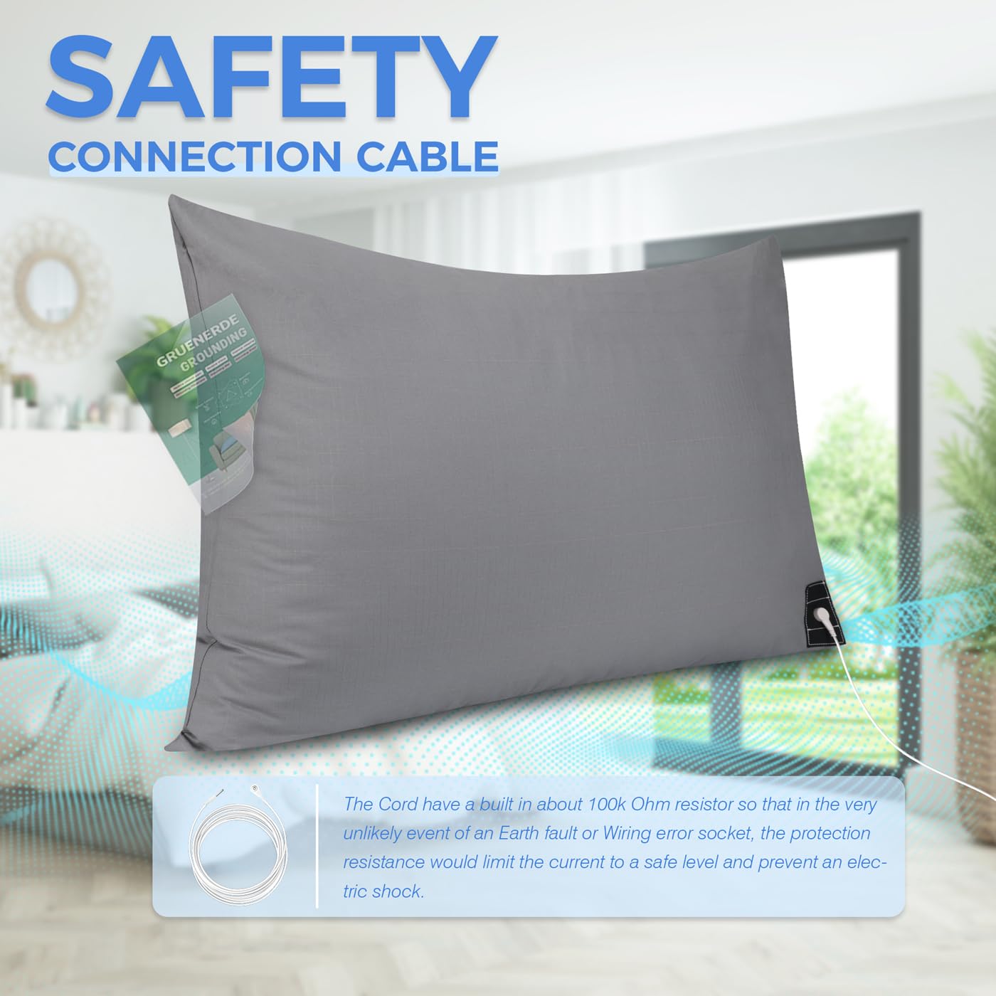Grounding Pillowcase Queen Conductive Grounding Mat with 15ft Grounding Cord 20x30in Sleep Therapy Relieve Stress Increase Energy Gray