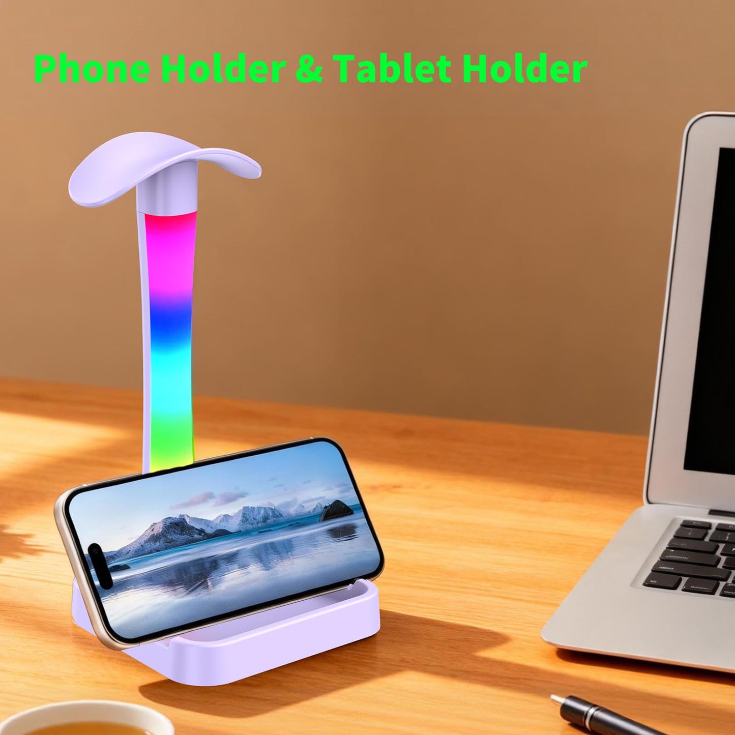 Tascaquin Headphone Stand with Charger,Gaming Headset stand with RGB Light Mode,For Airpod Max Stand,Desk Lamp,Phone Holder,Tablet Holder,desktop organizer,Gifts for Gamers & Music Lover (Purple)