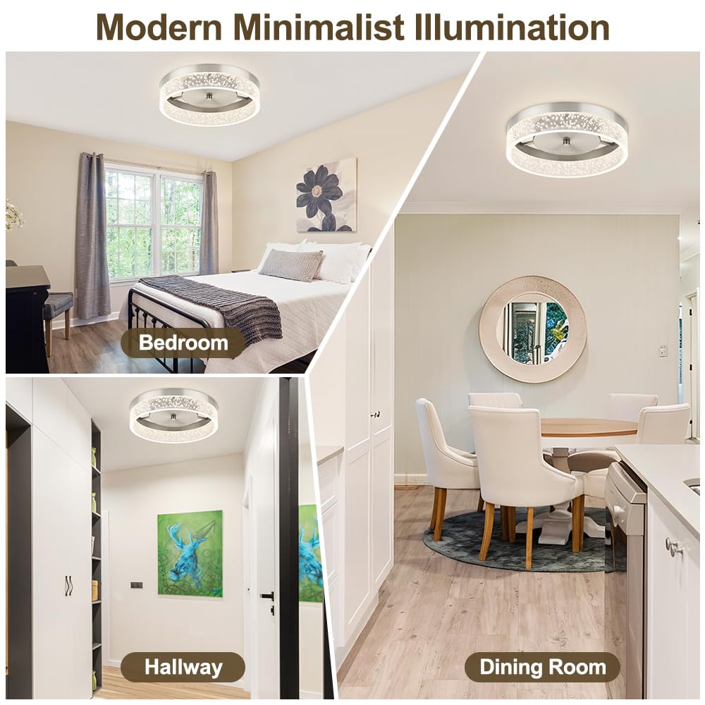 Bekada LED Flush Mount Ceiling Light Fixture, 12In Crystal Chandelier with Clear Bubble Acrylic, Modern Ceiling Lighting for Dining Room, Bedroom, Living Room, Kitchen, Brushed Nickel, 4000K Dimmable
