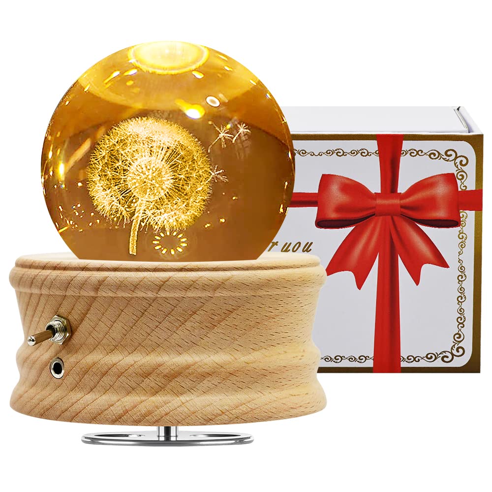 Figermoon 3D Crystal Ball Music Box with Projection LED Light and Rotating Wooden Base, Gift for Birthday, New Year, Christmas, Valentine's Day, Music Boxes for Women Mom Daughter (Dandelion)