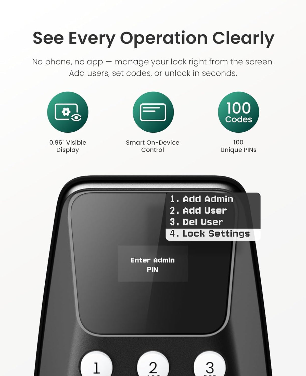 DESLOC C100 Keyless Entry Door Lock with Visual Display, 100 Customizable User Codes and 4 One-Pass Code, Door Locks for Front Door with 2 Keys,12 Months Battery, IP54, BHMA Grade 3, Auto Lock, Black
