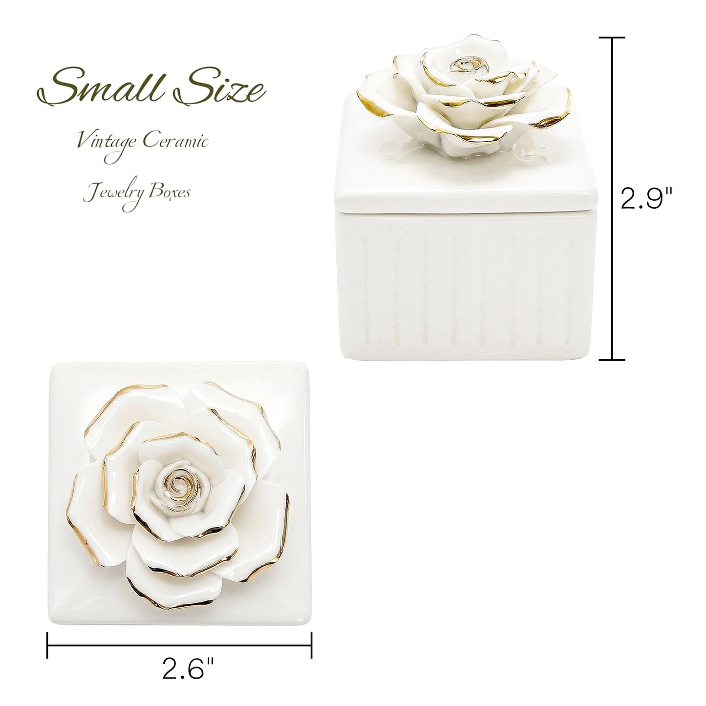 ZOOFOX 3 Pack Vintage Jewelry Box, Small Elegant Embossed Jewelry Holder with Lid and Rose-Shaped Knob, Ceramic Trinket Organizer for Women, Ring, Earrings, Necklace