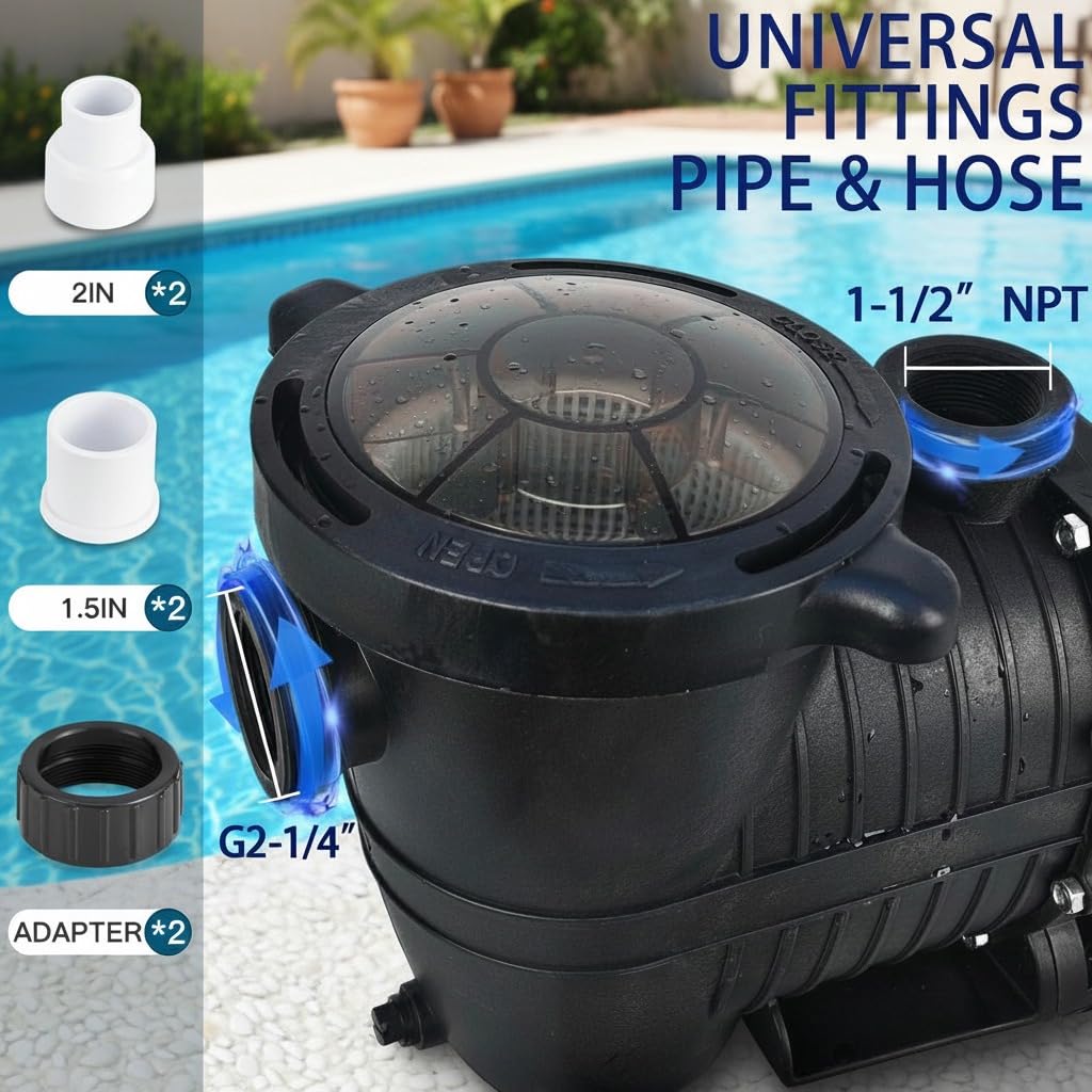 LANCHEZ In/Above Ground Pool Pump, Self Primming (Dual Speed, 1.5 HP, 6300 GPH, 230V, 1.5" & 2" NPT Adapter, Strainer Basket), Light black