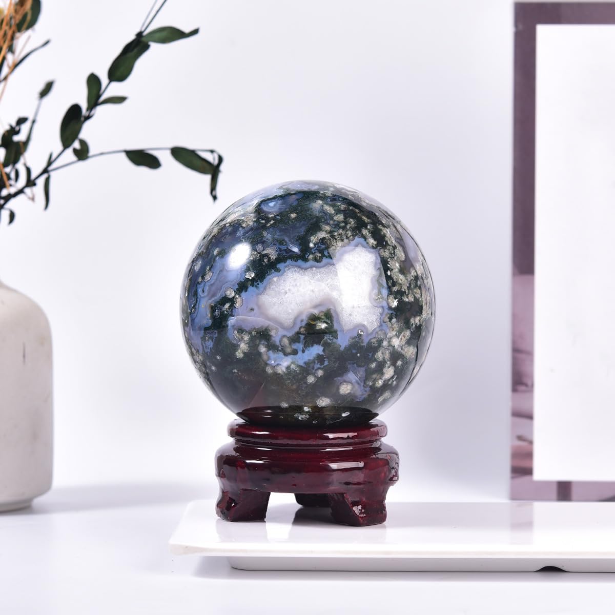 MOGEMT Large Moss Agate Crystal Sphere Natural Healing Crystal Ball with Stand Meditation Decorative Balls Home Decor 90-100mm/3.5-3.9"