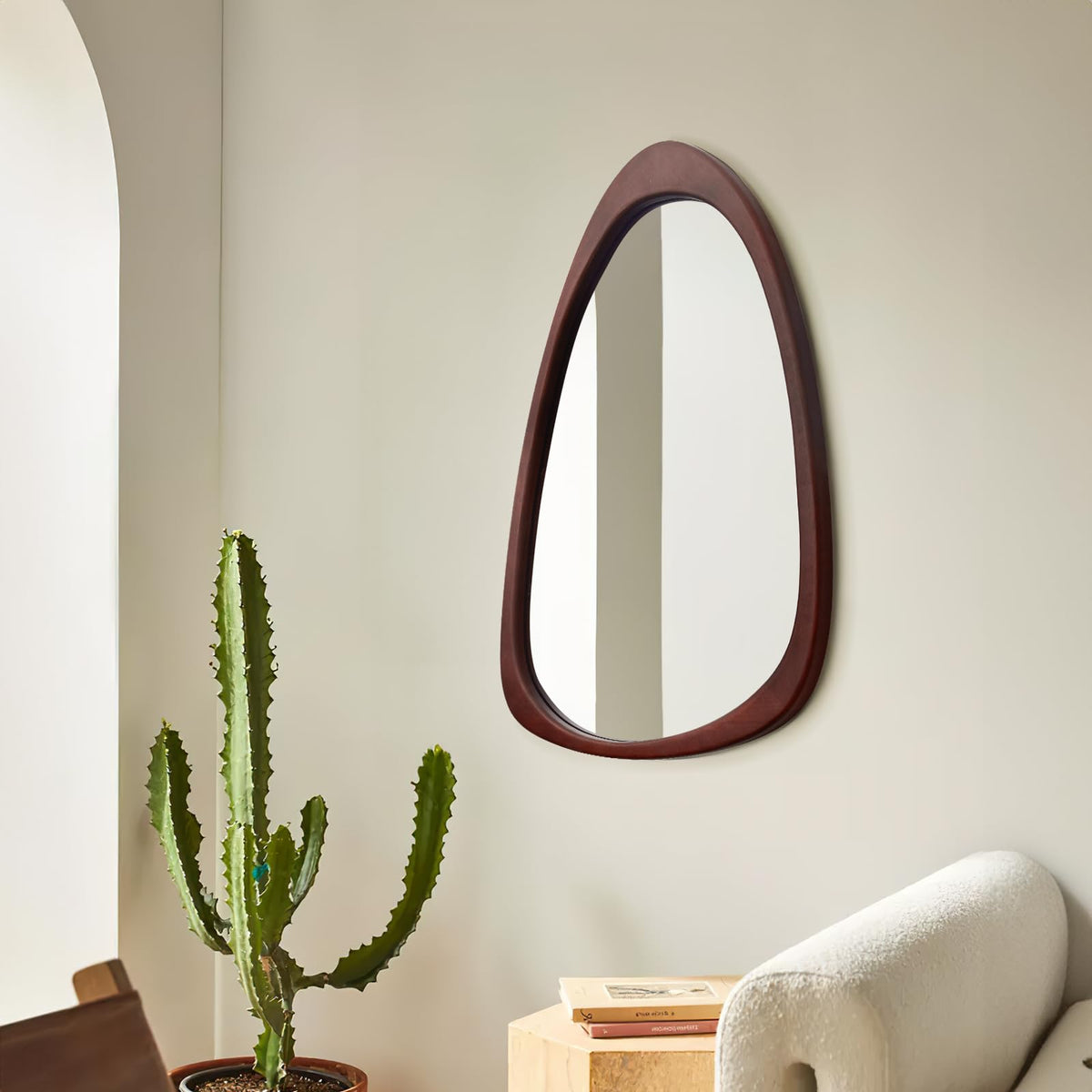 sawsile Irregular Wall Mirror for Bathroom,Wood Asymmetrical Rustic 19.5 x 30.5 inch Farmhouse Vanity Unique Walnut Decorative Large Mirror for Entryway,Bedroom,Living Room,Washroom
