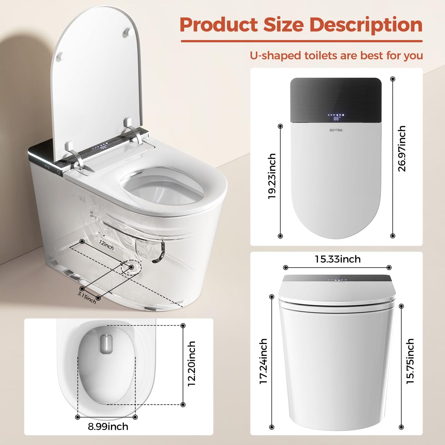 BAYTINA Smart Toilet, One Piece Toilet with Bidet Built in,Modern Elongated Toilet with Built-in Tank, Heated Toilet Seat, Bidet Warm Water, Dryer, Automatic Toilet Flusher, Foot Sensor Operation