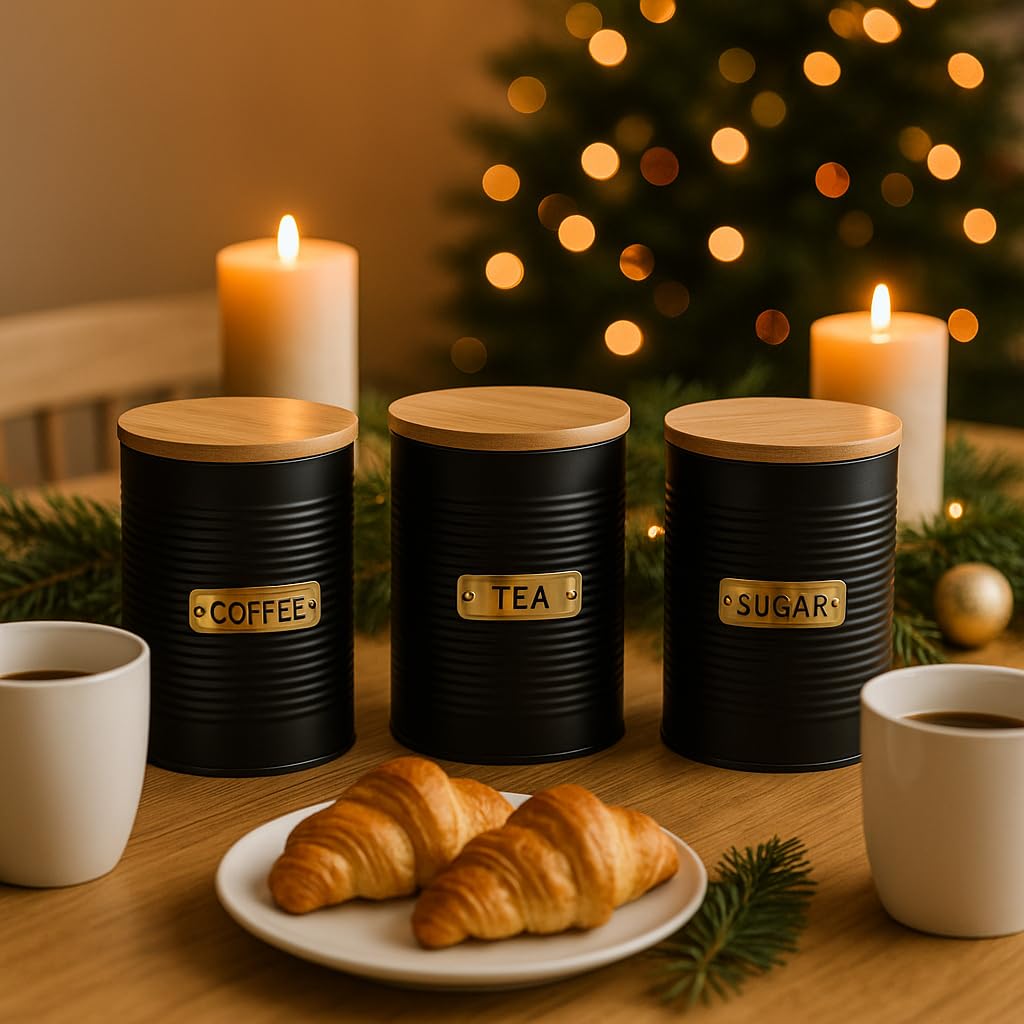 Black Metal Canisters with Wooden Lids – Set of 4 Airtight Storage Tins for Coffee, Tea, Sugar & More – Modern Ribbed Kitchen Containers with Brass Labels