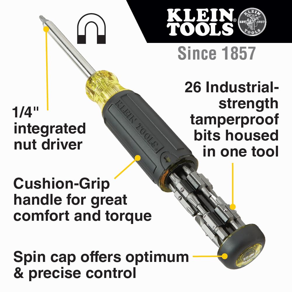 Klein Tools 32307 Multi-bit Tamperproof Screwdriver, 27-in-1 Tool with Torx, Hex, Torq and Spanner Bits with 1/4-Inch Nut Driver, Black/Yellow