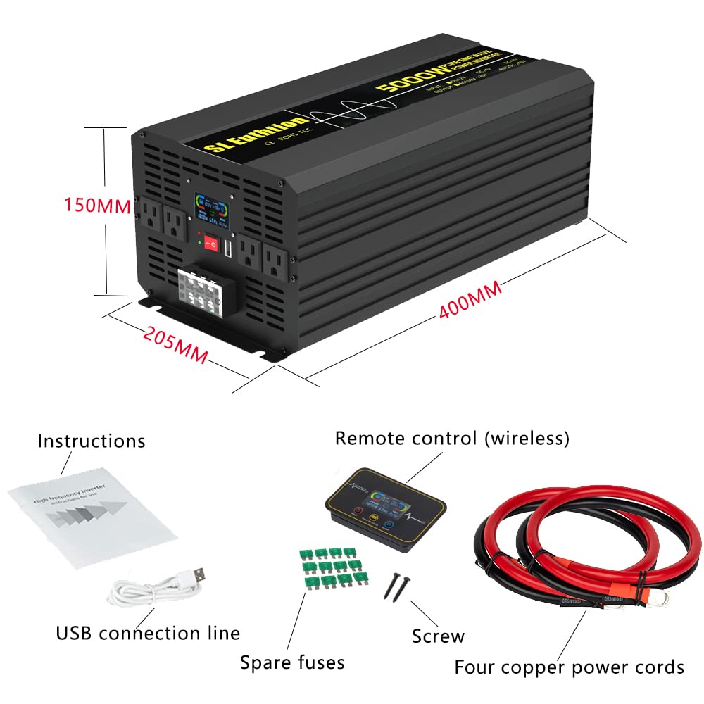 SL Euthtion 5000W/10000W(Peak) Pure Sine Wave Car Power Inverter 12V DC to 120V AC 60HZ with LCD Display, USB Port, Wireless Remote Control(10M) for Car Home Laptop Truck
