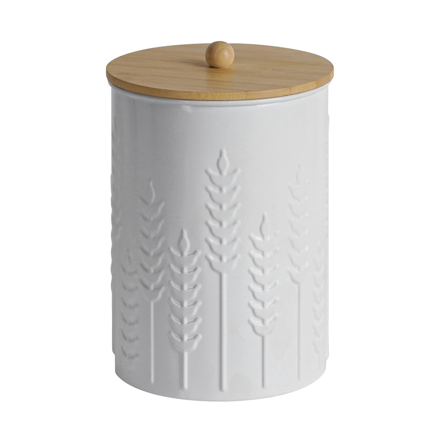 HOME PALETTE Kitchen Canister Set of 3 Tea Coffee Sugar Containers with Airtight Bamboo Lids Food Flour Storage for Countertop Metal White Ear of Wheat Pattern Embossed Farmhouse Decor