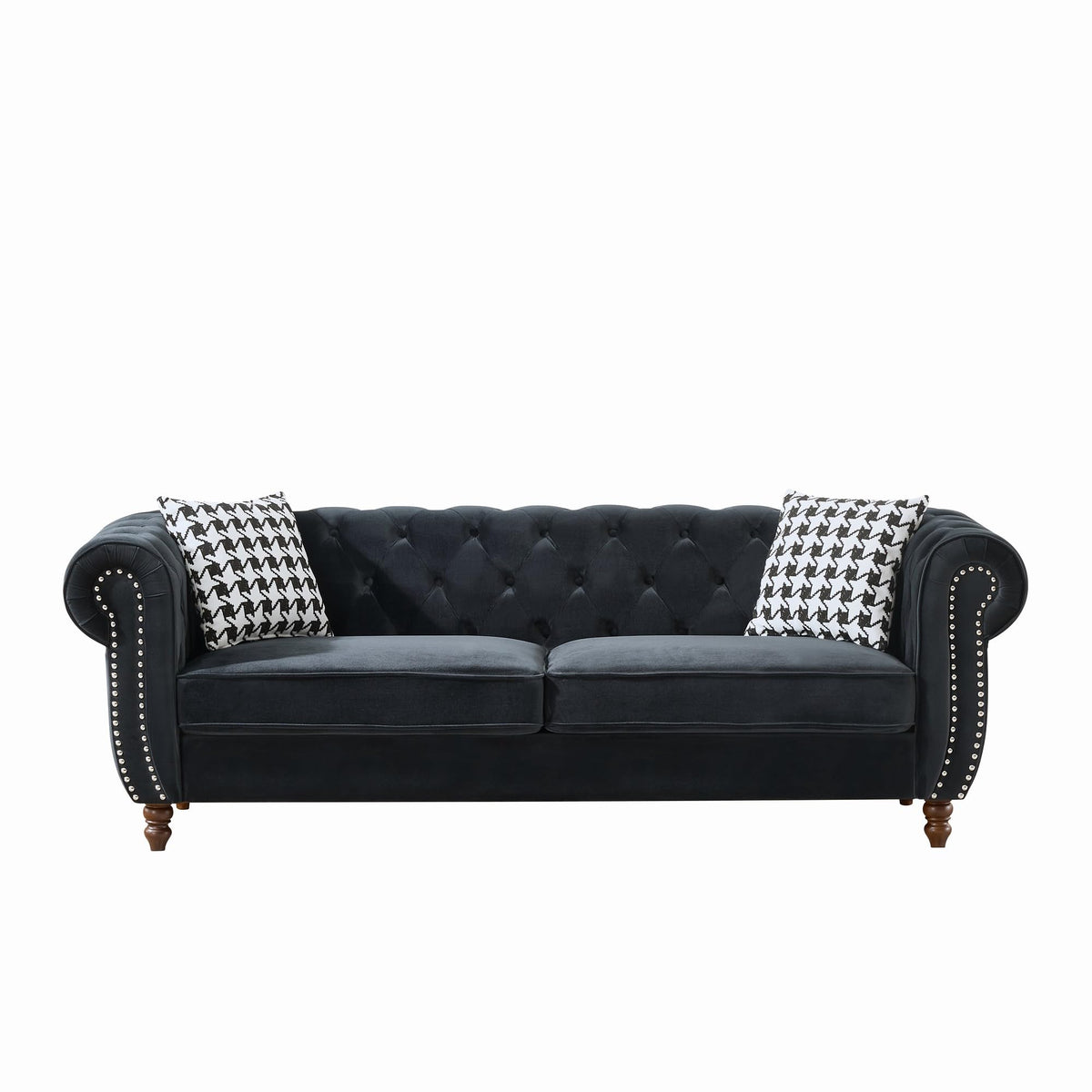 KEIKI 89" Chesterfield Velvet Sofa, Mid Century Modern 3 Seater Couch w/Roll Armrest & Nailhead, Comfy Upholstered Sleeper Cloud Couches SofaBed for Office Apartment Living Room, Easy Assembly, Black