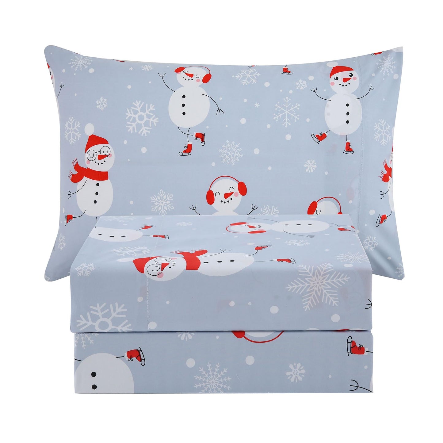 JSD Snowman Kids Sheet Set Twin Size, 3 Piece Blue Snowflakes Christmas Printed Microfiber Sheets Deep Pocket