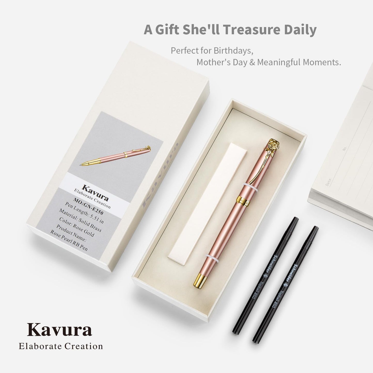 Kavura Rose & Pearl Rollerball Pen – Luxury Brass Pen Gift Set for Women, Jewelry-Inspired Design, Glossy Finish, with German Refill, Romantic Gift for Her, Anniversary & Valentine’s Day (Rose Gold)