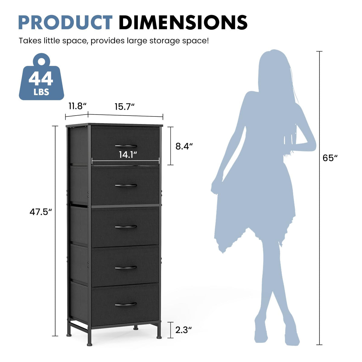 OLIXIS Tall Dresser for Bedroom, Black Fabric 5 Drawer Dressers for Closet, Storage Organizer with Removable Bins, Chest of Drawers with Sturdy Steel Frame, Living Room, Entryway