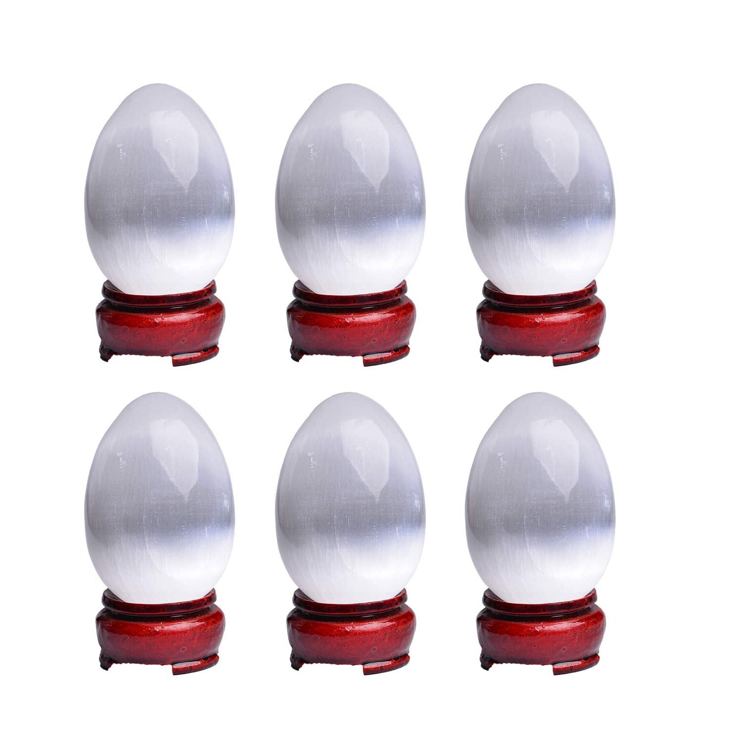 AMOYSTONE Selenite Eggs (6 Pcs) - Morocco Selenite Crystals with Wooden Base for Healing, Reiki, Meditation, Home Decor & Office Desk (1.5-2")