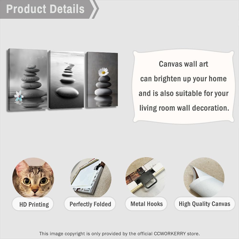 CCWORKERRY 3PCS Zen Stones Canvas Wall Art Black and White Zen Stone Painting Calming Meditation Wall Decor for Yoga Studio Office Spa Bathroom (gray,11W x14L x3)