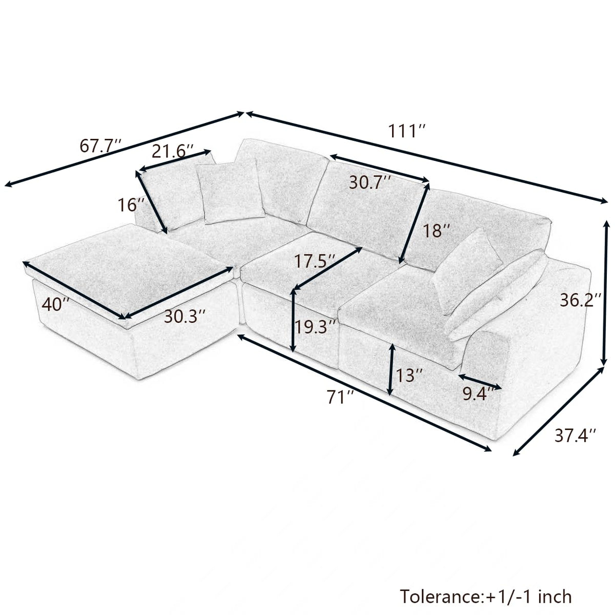 111-Inch L-Shaped Modular Boneless Cloud Sectional Sofa 4 Seat Floor Foam Sofa Couches Deep Seat with Ottoman,Comfy Fabric Upholstered 4 PCS Compressed Cloud Couch
