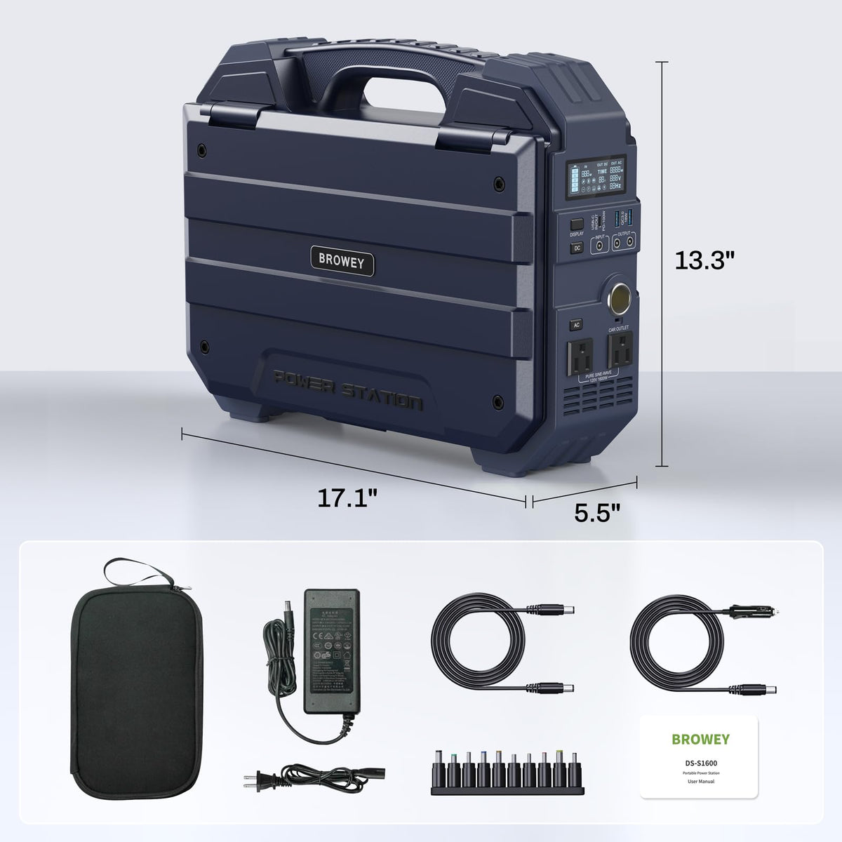 BROWEY 1600W (3200W Peak) Portable Power Station, 1024Wh LiFePO4 Battery with Built-in Solar Panel, 100W USB-C PD, Solar Generator for Camping, RV, Home Backup, Emergency (Dark Blue)