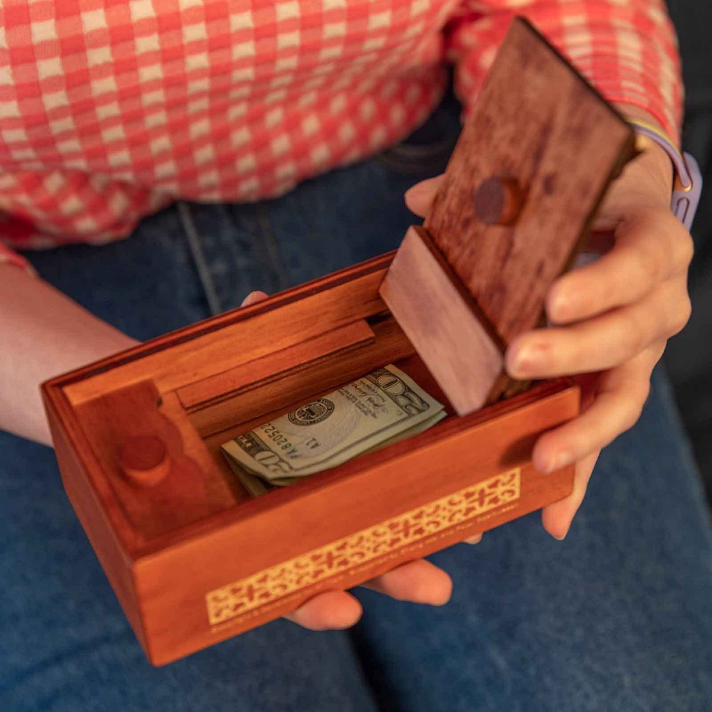 Bits and Pieces Secret Money Puzzle Box - Camouflage Your Cash Money Holder - Wooden Brain Teaser - Wooden Secret Hidden Compartment (Greek Puzzle Box)