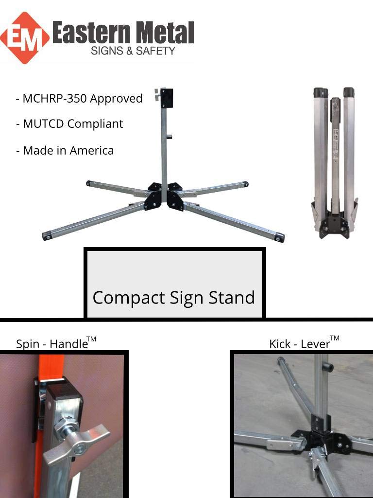 Eastern Metal Signs & Safety Aluminum Compact Sign Stand,Short Leg, Kick-Lever Leg-Release System, Spin-Handle Roll-Up Sign Attachment