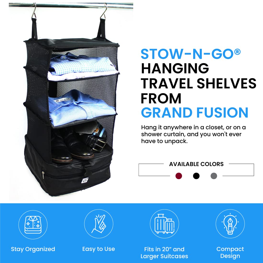 Grand Fusion Stow-N-Go Packing Organizer for Luggage, Portable Hanging Travel Shelves, Carry-On Closet, Hanging Packing Cubes, Collapsible Carry-On Organizer for Cruises & Hotels. Black - L
