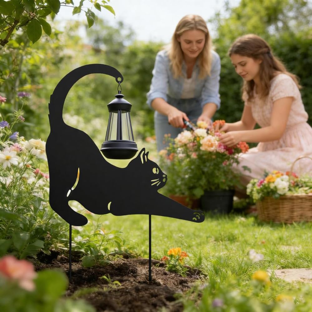Lily's Home Black Metal Cat Garden Decor with Solar Light Lantern - Outdoor Solar Lights for Pathway & Patio - Durable Waterproof Metal - Yard & Patio Decor - Unique Gift for Cat Lovers - 18'' Tall