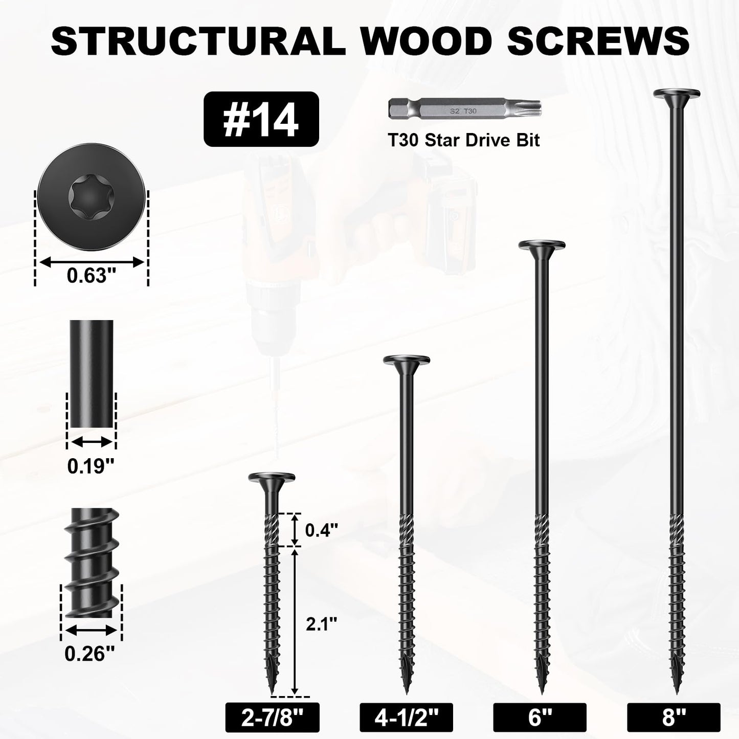 FMhotu 2-7/8 Inch Heavy-Duty Outdoor Wood Screws Assortment Fastener Kit, 50Pcs Star Drive Deck Screws, Rust Resistant Timber Screws for Timber/Log/Landscaping Wood (#14 x 2-7/8" Black)