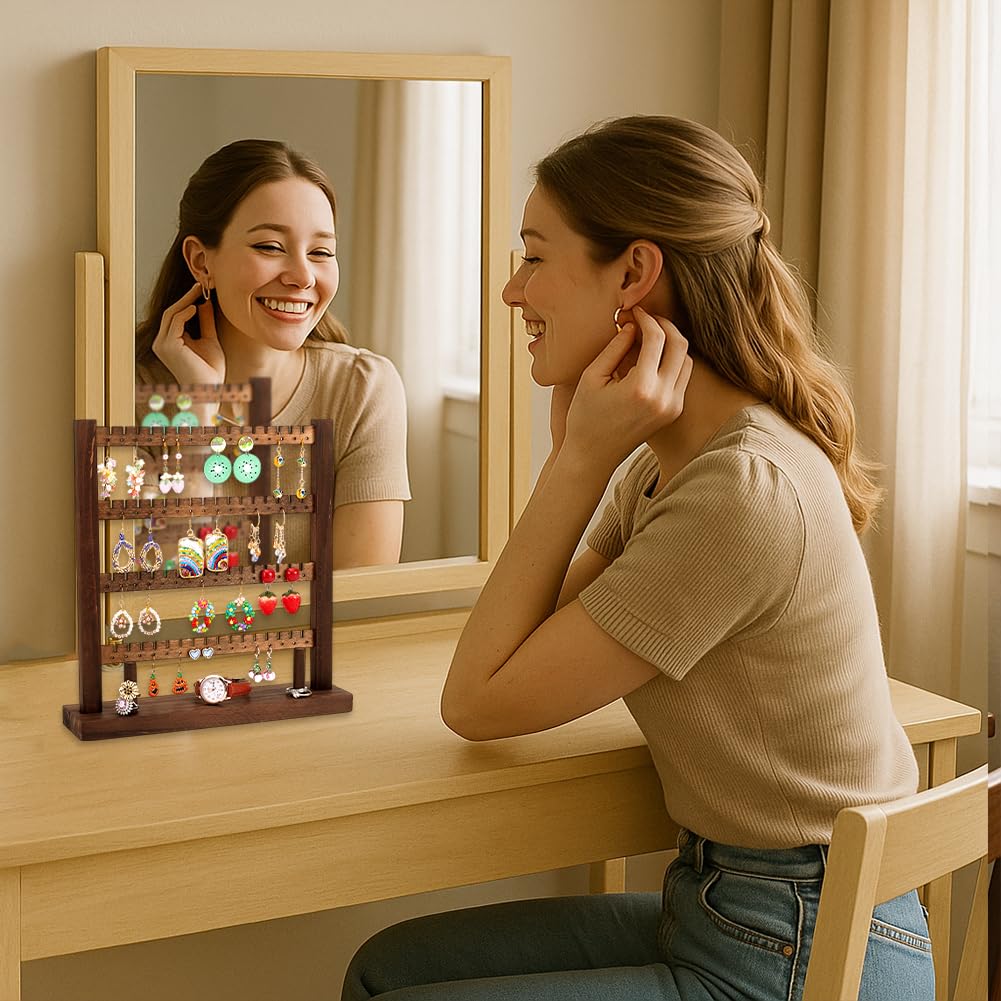 PH PandaHall Wood Earring Display Stand, 4 Tier Wooden Stud Earrings Tower Stand Earring Holder Tabletop Jewelry Organizer Rack Jewelry Display for Vendors Selling Craft Show Jewelry 128 Earrings