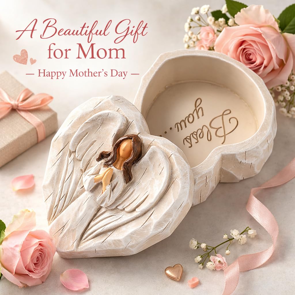 Hodao Angel Jewelry Box - Mothers Day Gifts for Mom Grandma, Heart Shaped Sculpted Keepsake Box with Guardian Angel Figurine, Religious Spiritual Gift for Women Friends