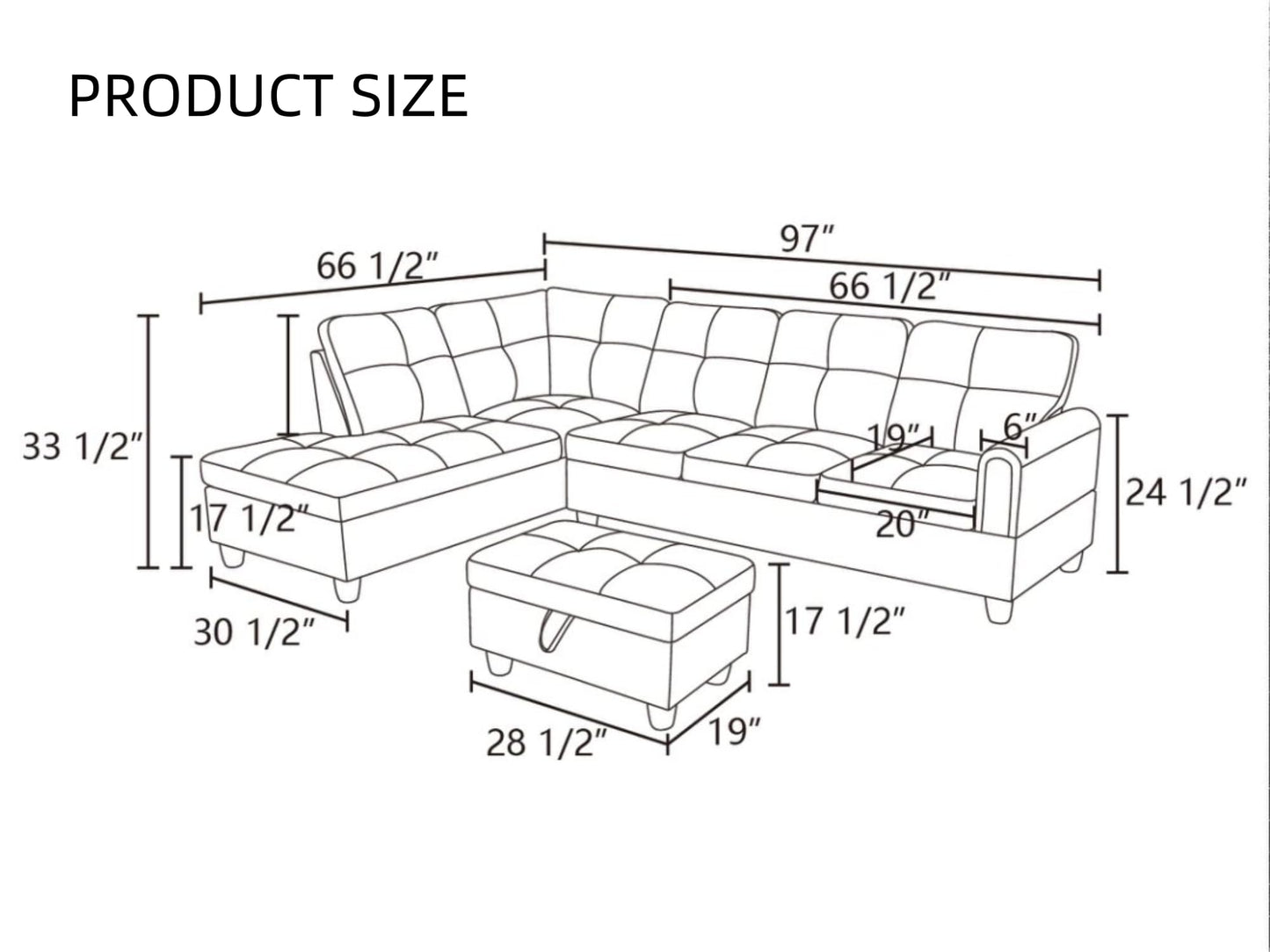 Trygoal 97" L-Shaped Sectional Sofa with Movable Chaise & Storage Ottoman, Leather 3-Piece Modular Convertible Couches for Living Room, Black