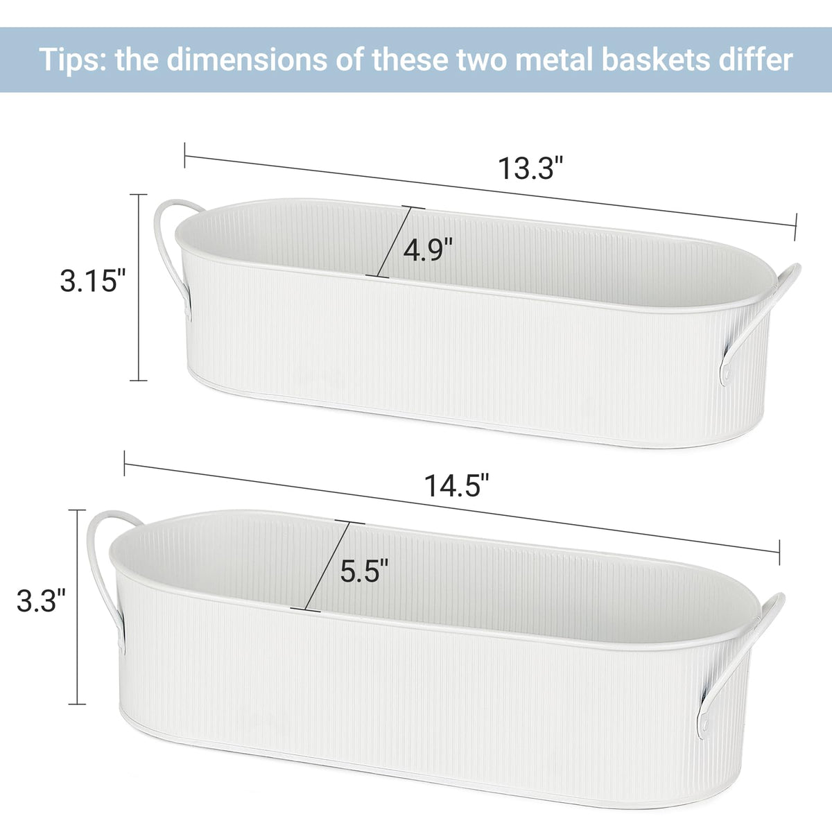 Mkono Metal Storage Basket for Toilet Tank Top Bathroom Decor, Galvanized Tray with Handle for Shelves, Farmhouse Toilet Paper Holder Organizing Bin Box for Countertop Living Room, Set of 2, White