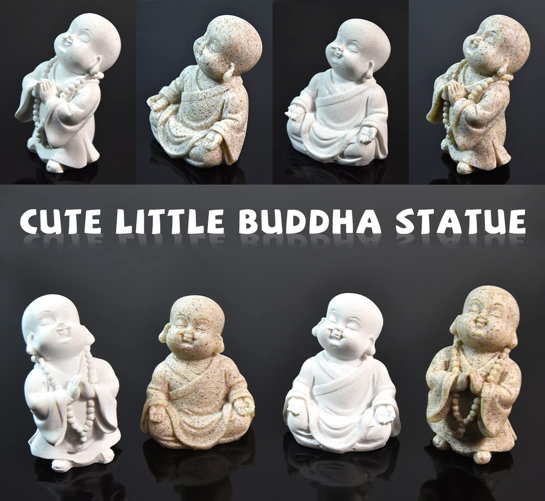 2pcs Buddha Statue Happy Laughing Buddha Figurine Cute Small Monk Statues Mini Maitreya Buddha Minimalist for Desktop Ornament Home Decor Car Dashboard and Shelf Decorations Buda (Sandstone)