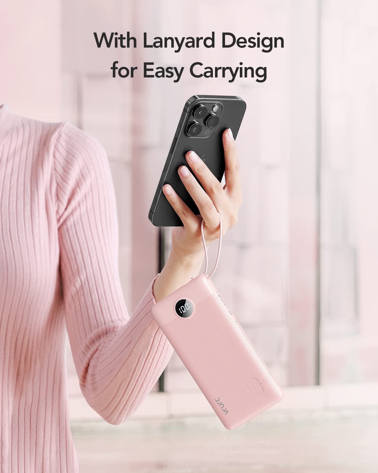 VRURC Portable Charger Power Bank, 10000mAh Travel Essentials Battery Pack, Compact Charging Bank Built-in Cables Cords Compatible with iPhone 17 Pro 17 16 15 14 13, Samsung Phones-Pink(1 Pack)
