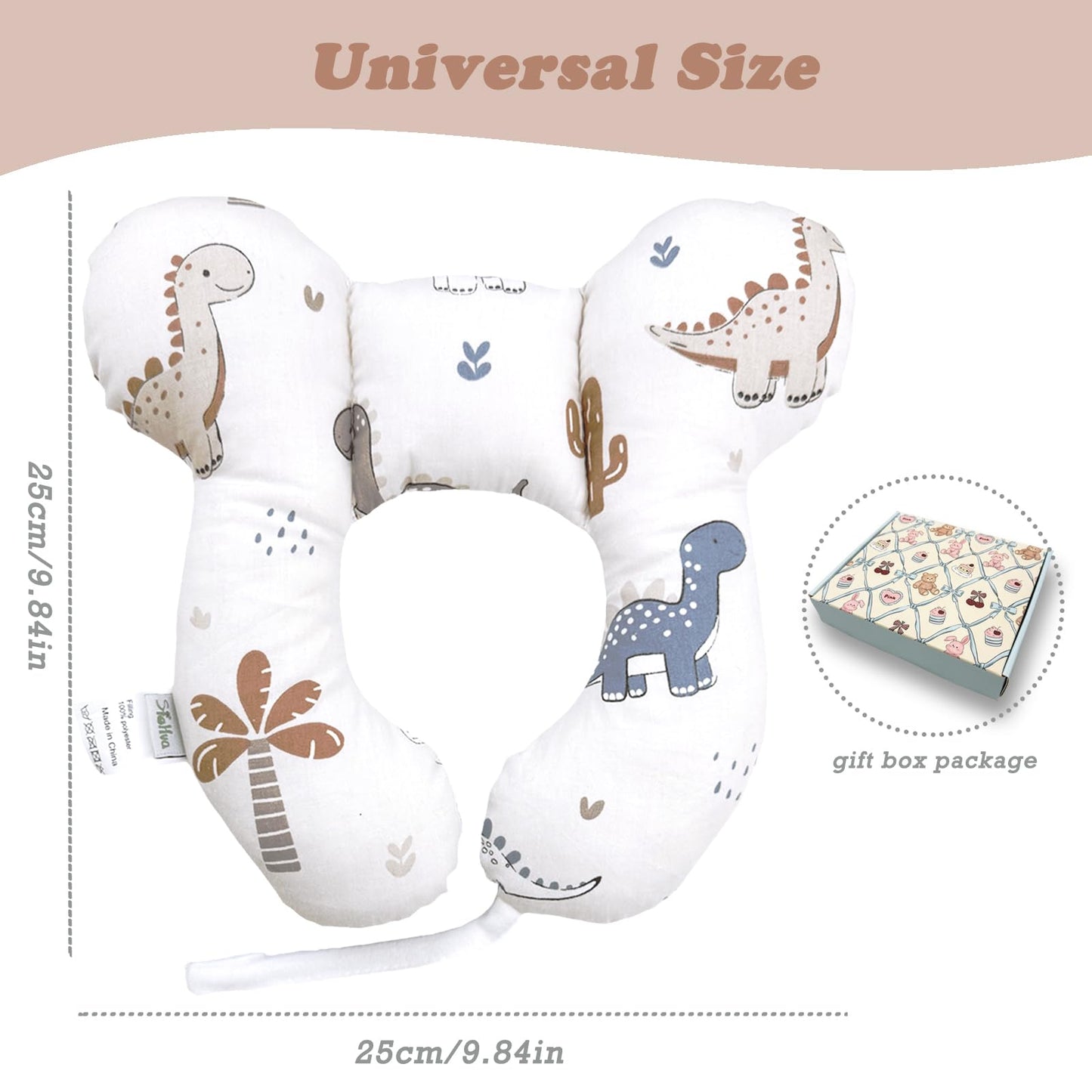 StoHua Toddler Travel Comfort Pillow for Car Seat & Stroller, Baby Reversible U-Shaped Seat Accessory, Cartoon Dinosaur