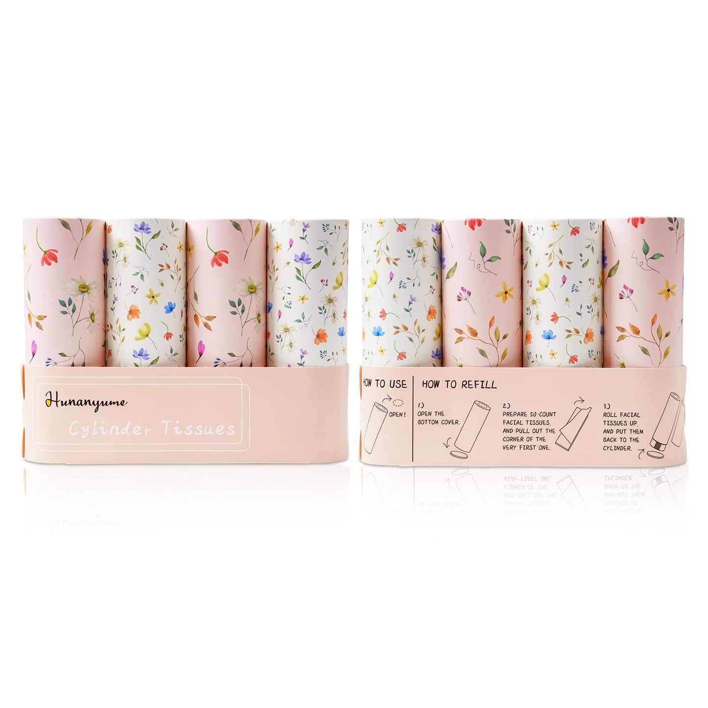 4 Pack Pink Wild Floral Car Tissue Holder with 3-Ply Facial Tissues - Round Cylinder Tissues Fits Car Cup Holder, Travel Tissues Bulk (200 Sheets 7.1x7.1") - Cute Sister Mother's Day Birtyday Gifts