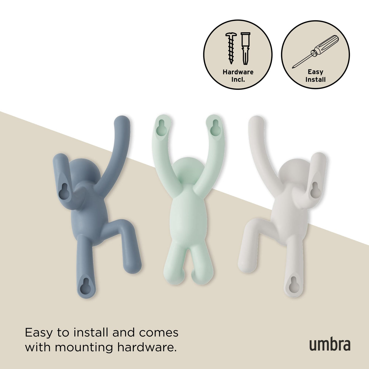 Umbra Buddy Wall Hooks – Decorative Wall Mounted Coat Hooks for Hanging Coats, Scarves, Bags, Purses, Backpacks, Towels and More, Set of 3, White/Grey/Mint