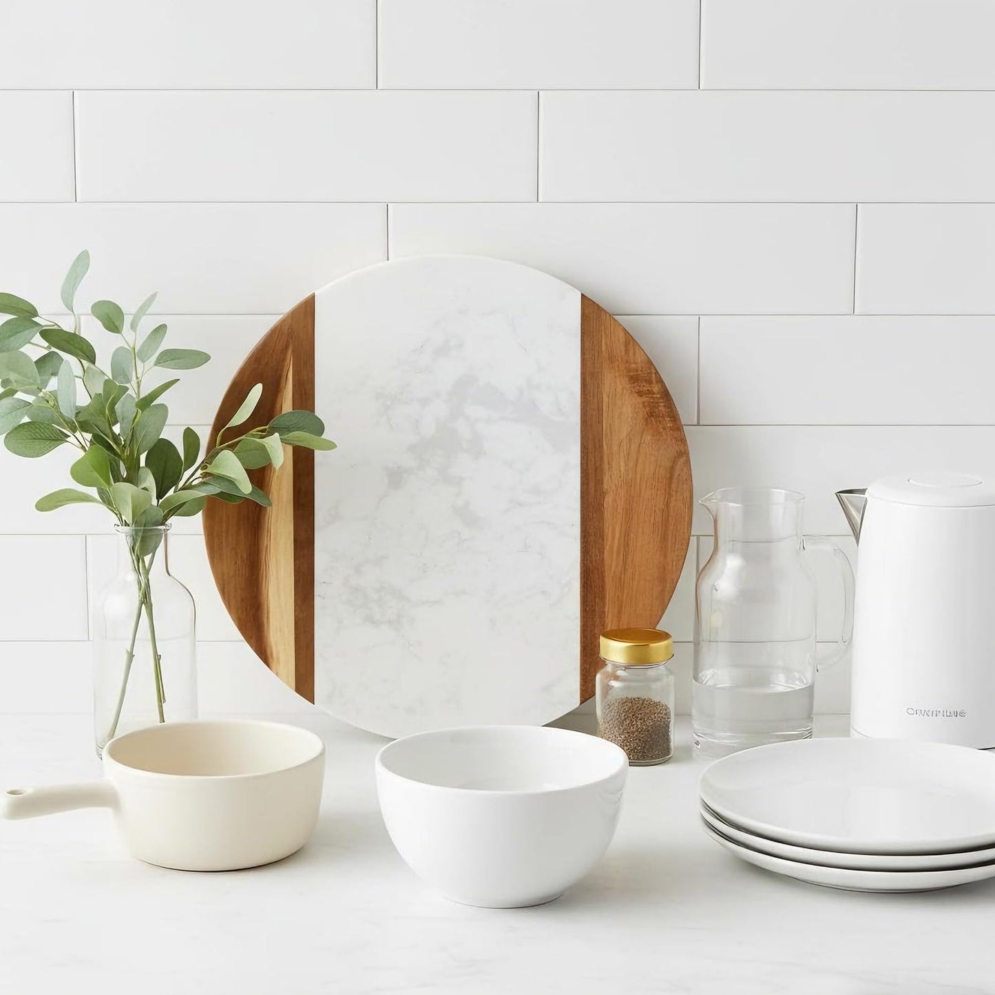 Okllen 12" Marble Cheese Board and Acacia Wood Serving Board, Handcrafted Round Marble Tray Cutting Board for Cheese, Charcuterie, Meat, Fruit