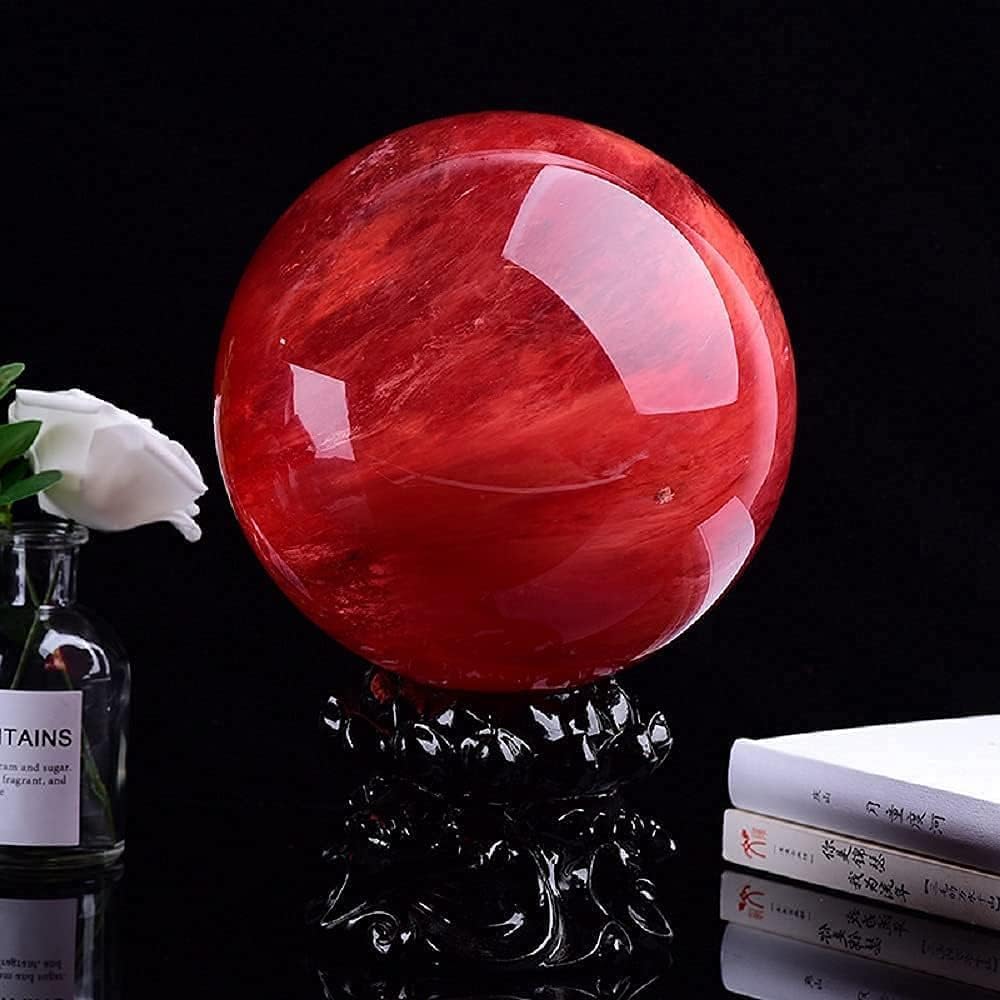 GYKLE 4 Inch Red Crystal Ball with Stand, Large Natural Crystal Ruby Sphere