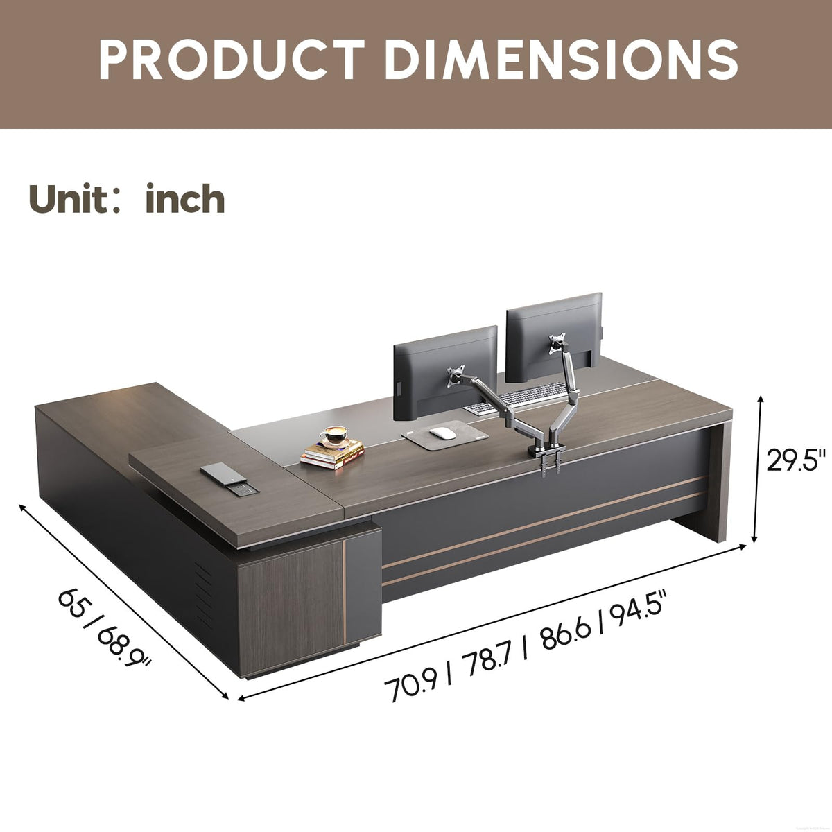 ZIMASYA 87" Reversible L-Shaped Executive Desk with Drawers, Storage Cabinet, Built-in Power Hub & Privacy Panel, Obsidian Grey & Mocha Walnut