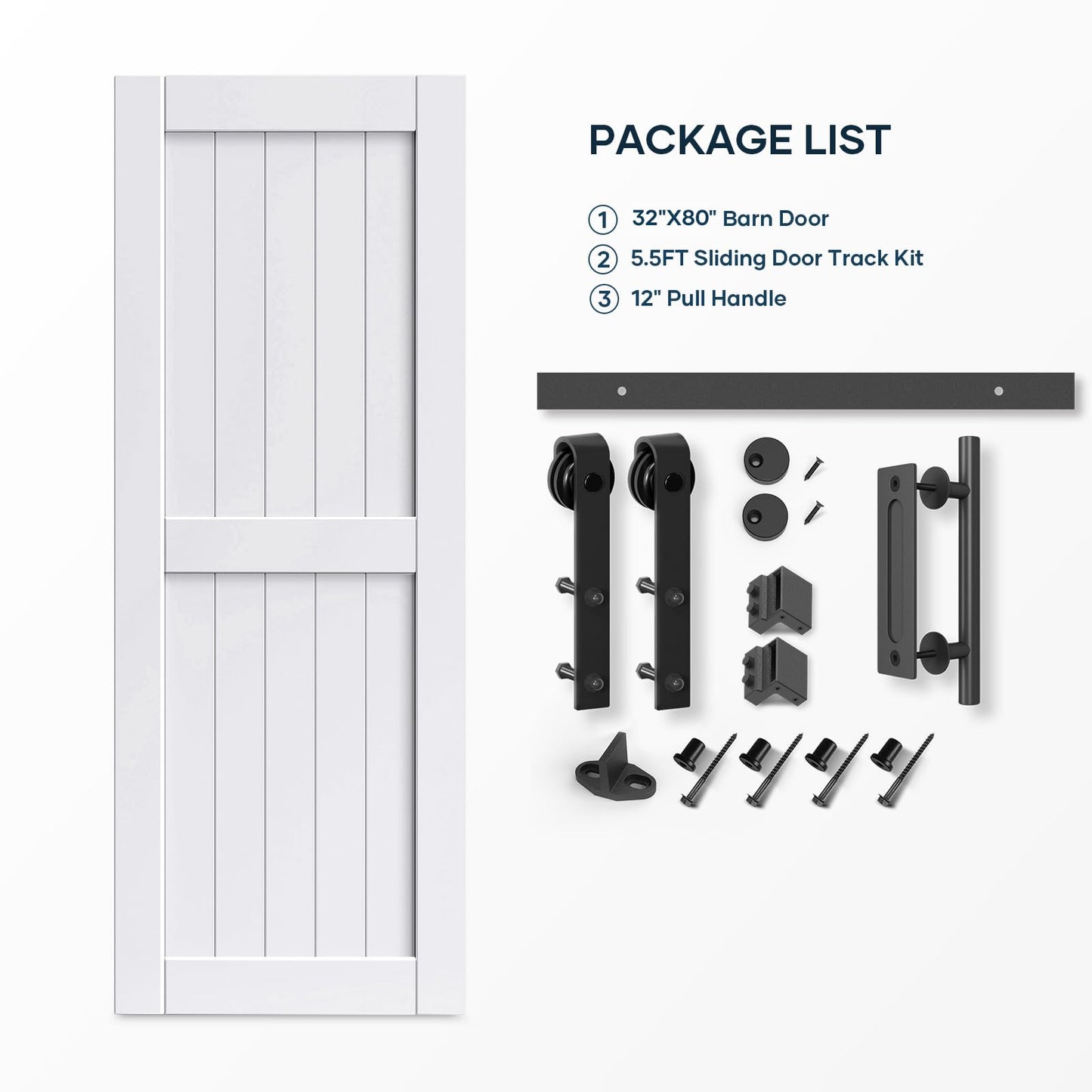 EaseLife 32 x 80 inch White Barn Door with 5.5FT Sliding Door Hardware Kit Included & Handle,Solid Wood Covered with Waterproof PVC Surface,DIY Assemblely,Easy Install,H-Frame,Fit 28-30in Wide Opening