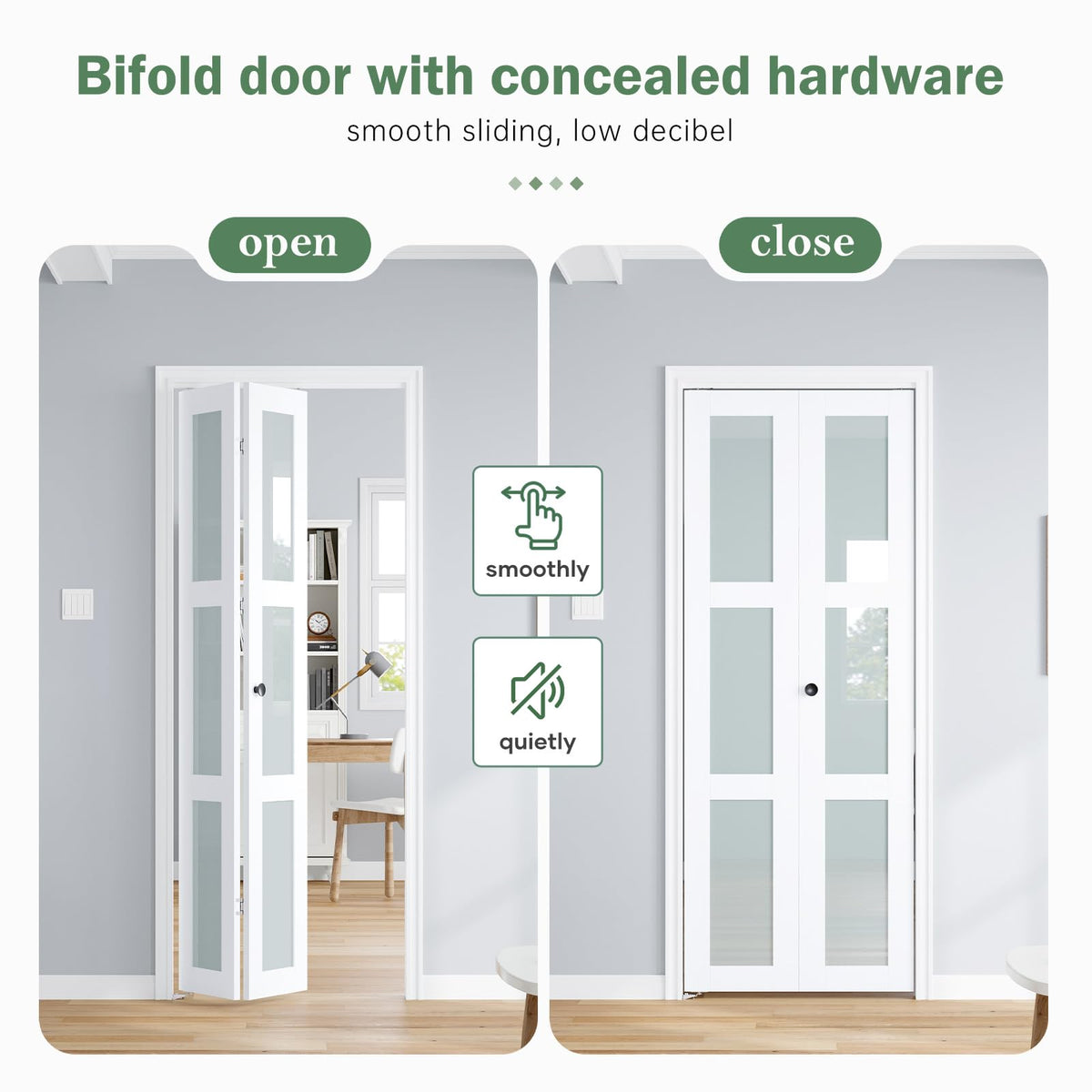 Roymelo Bifold Doors for 32"×80-3/4" Opening, Preassembled White Frosted Glass Folding Barn Door, Sliding Interior Wood Panel Closet Bifolding Door with Concealed Hardware Kit Included