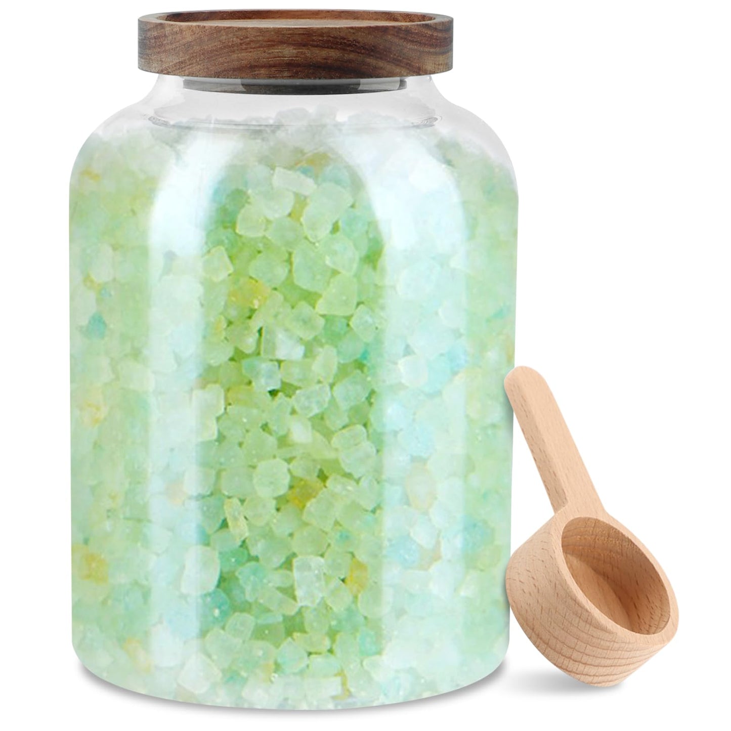 Meluvora Bath Salts Glass Jar, Bath Salt Container with Wooden Lid and Scoop, Glass Food Storage Jars for Home Decor,Tea,Spice,Cereal, Egg,Flour,Coffee(73 oz,Clear)