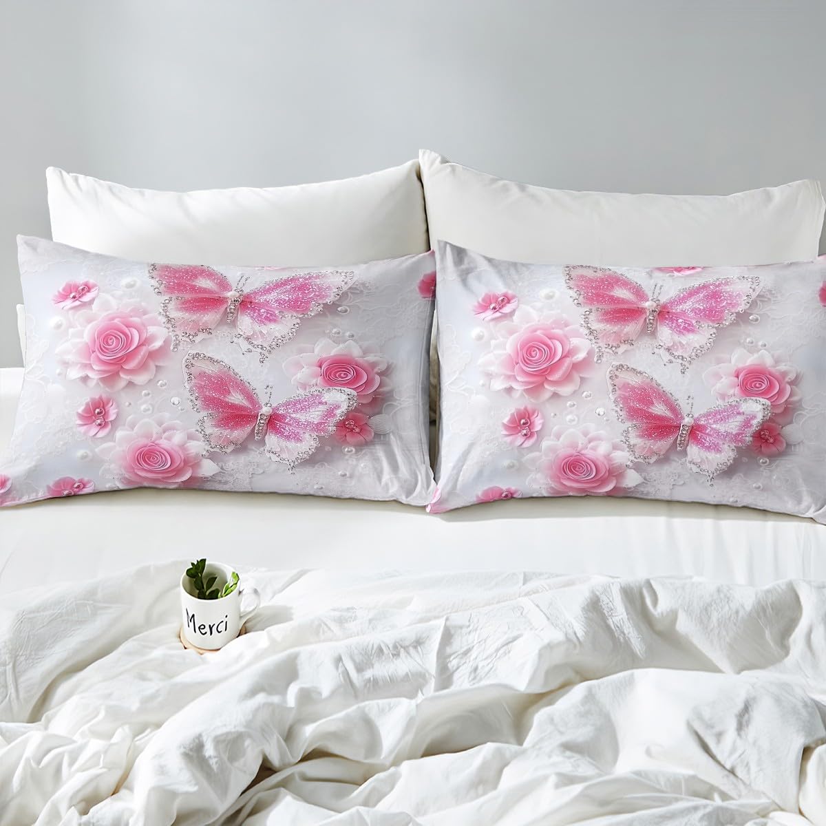 jejeloiu Kids Butterfly Fitted Sheet Twin Size for Kids Boys Girls Butterflies Print Bed Sheets Set 16" Deep Pocket Soft Breathable Microfiber Rose Bedding with 1 Pillowcase Garden Flower Room Decor