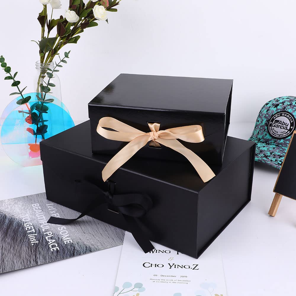 GoooodGift Extra Large Gift Box Black with Ribbon 19x16x6 Inches, Gift Box with Lid Magnetic Closure, Groomsman Proposal Box, Rectangle Collapsible Gift Boxes for Wedding Gown (Matte Black)