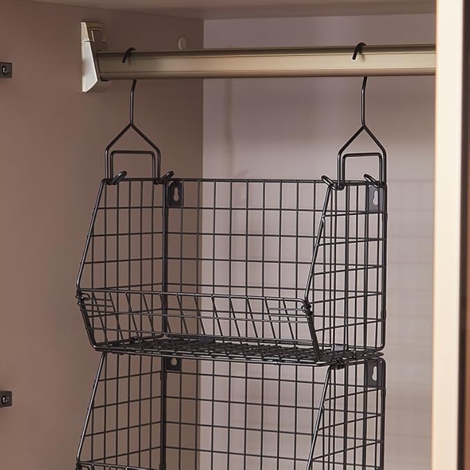 3 Tier Hanging Foldable Wire Baskets Closet Organizer Clothes Shelves