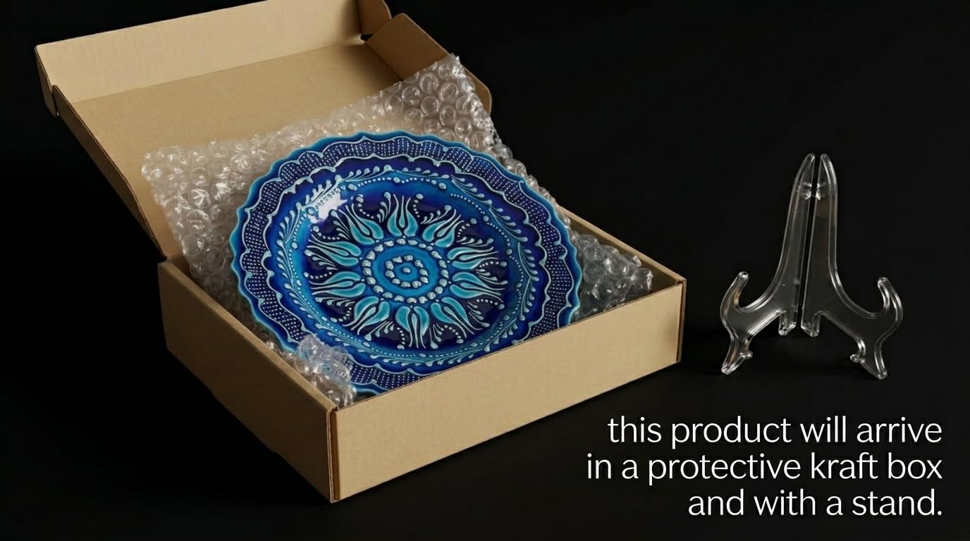 Ayennur Turkish Decorative Plate 9.85"(25cm) Handmade Ceramic Ornament for Home&Office Wall Hanging Decor (Blue)