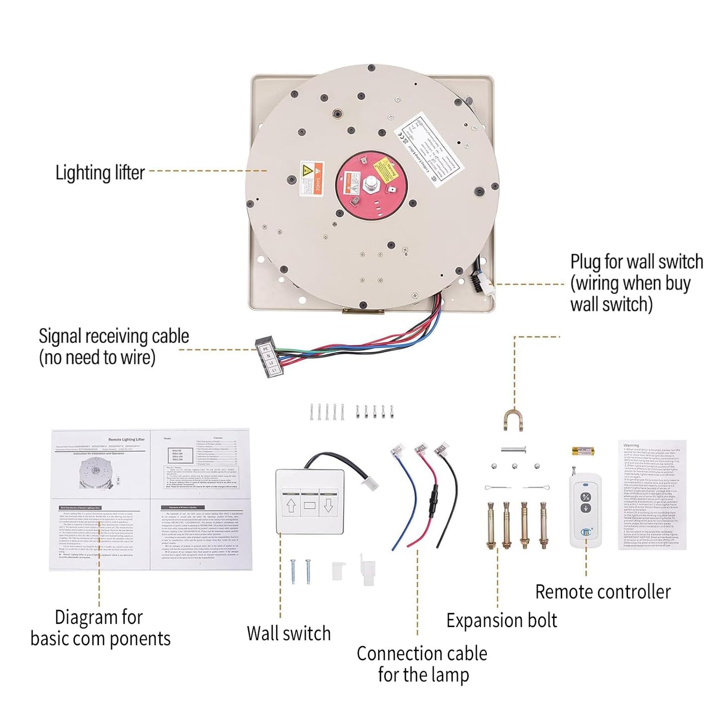 Motorized Chandelier Hoist Lift System, 2-in-1 Heavy Duty Chandelier Lifter with Wall Switch and Remote Control, 110V 220LBS Electric Villas Pendant Lamps Lifter 8M Lifting Height for Installation