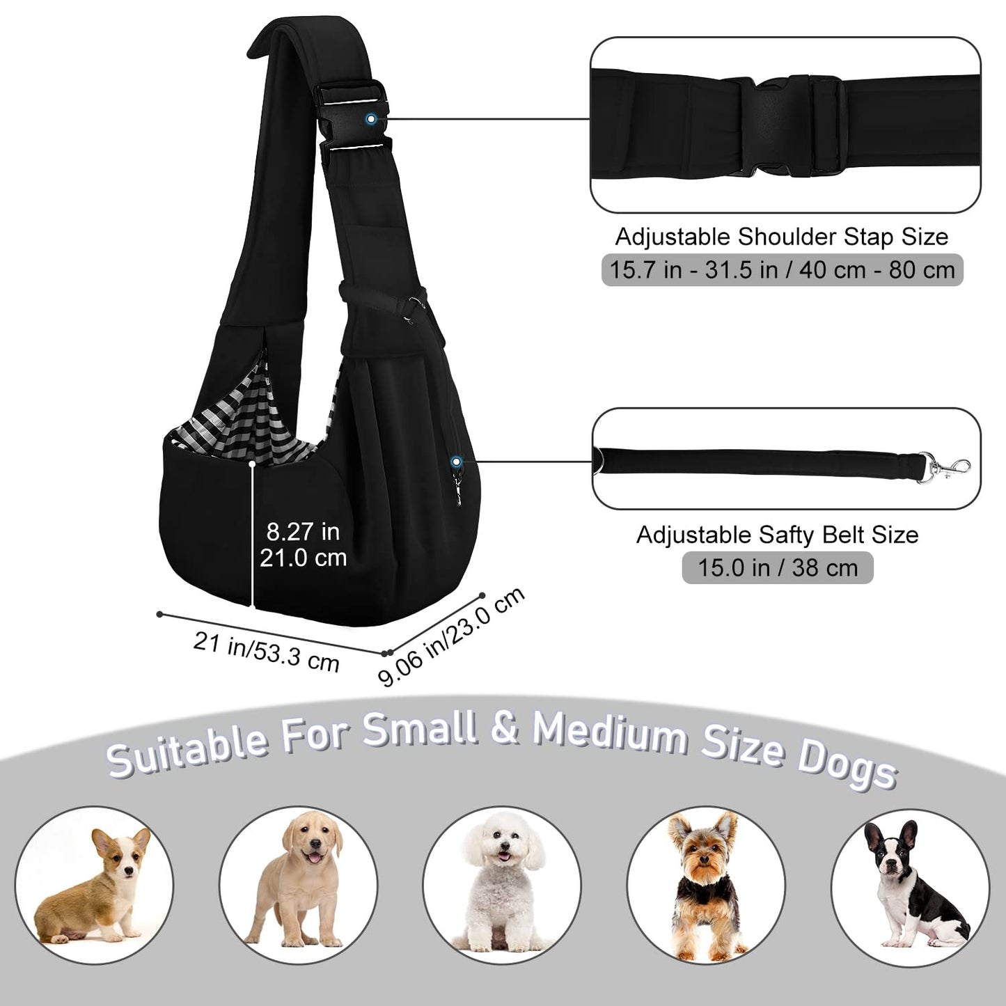 PETLOFT Reversible Sling Carrier, Adjustable, Hands-Free Cross-Body Design with Collar Hook for Small Pets up to 4.99kg (Black)