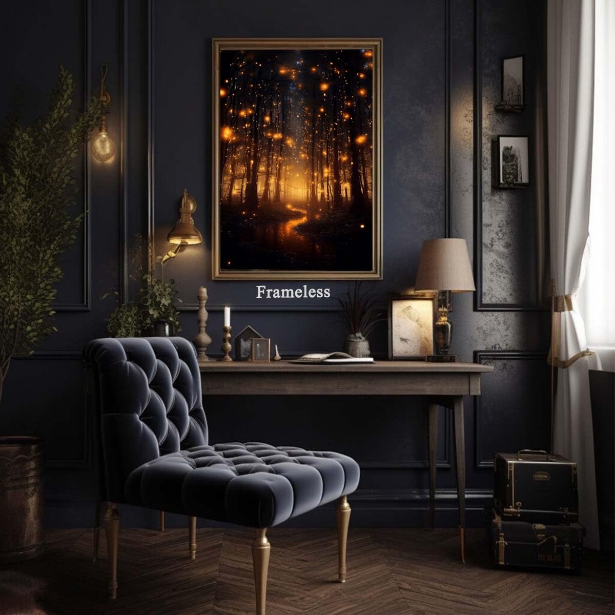 Magical Forest Wall Art Canvas - Fireflies Landscape Poster, Botanical Prints, Moody Natural Vertical Art, Dark Academia Forest Painting for Home 16x24inch No Frame