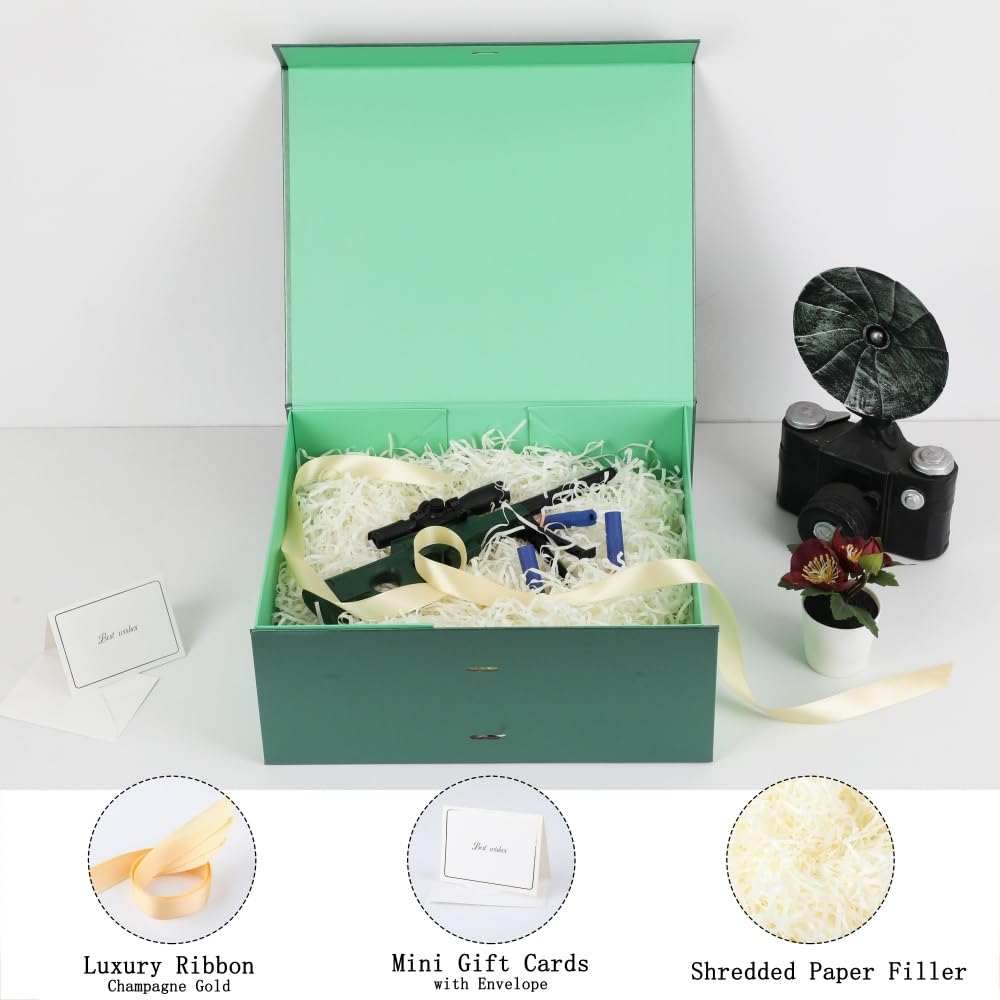 BoxSkivra Green Large Gift Box with Ribbon 1 Pack 13X11X5.3 Inch Large Gift Box with Lid Magnetic Closure Rectangle Collapsible Luxury Gift Boxes for Presents Crinkle Cut Paper Shred with Card